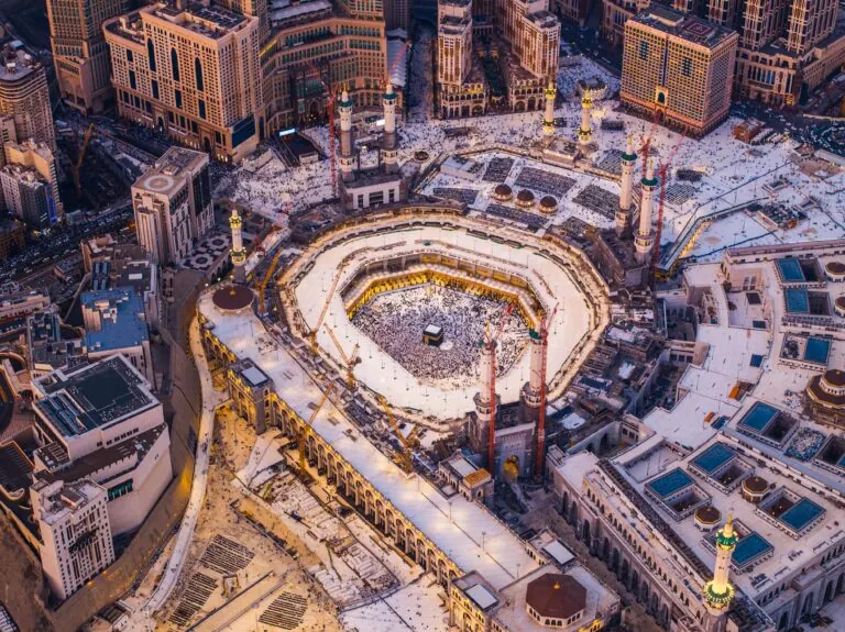 Aerial view of pilgrims performing Umrah around the Kaaba in Makkah