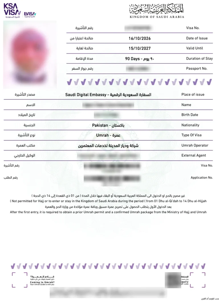 Sample Saudi Umrah e-visa issued to a Pakistani traveller in October 2026, with personal details blurred